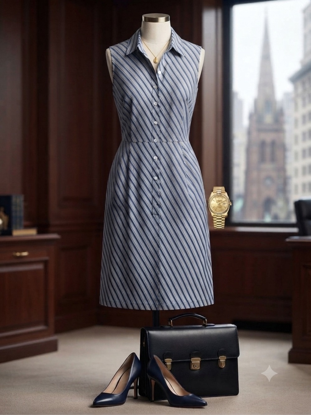 Vintage Samlin Sleeveless Blue and White Striped Midi Shirt Dress